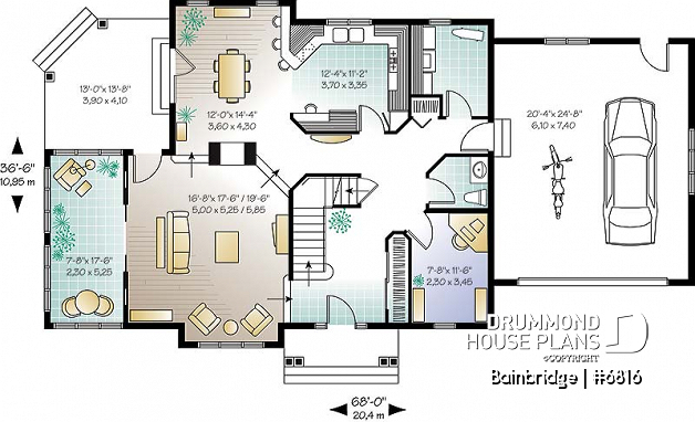 1st level - Traditional house plan, 3 bedrooms, master suite with private terrace, home office, sunken living room - Bainbridge
