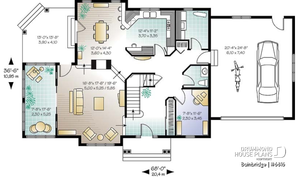 1st level - Traditional house plan, 3 bedrooms, master suite with private terrace, home office, sunken living room - Bainbridge