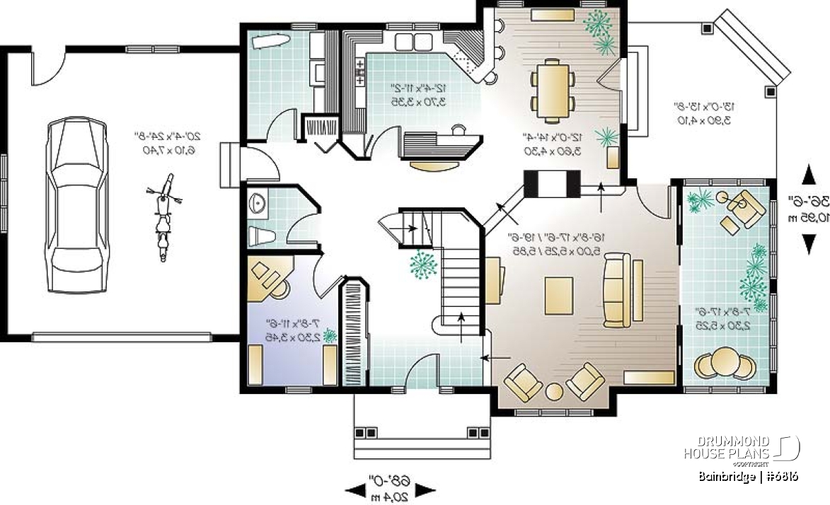 1st level - Traditional house plan, 3 bedrooms, master suite with private terrace, home office, sunken living room - Bainbridge