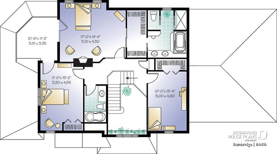 2nd level - Traditional house plan, 3 bedrooms, master suite with private terrace, home office, sunken living room - Bainbridge