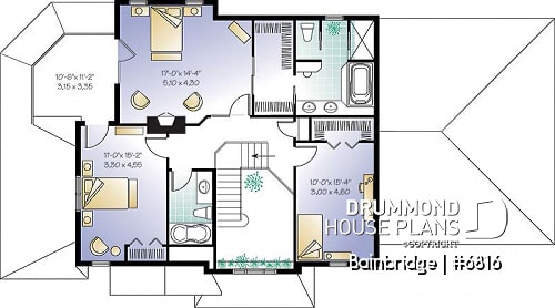 2nd level - Traditional house plan, 3 bedrooms, master suite with private terrace, home office, sunken living room - Bainbridge