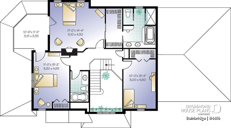 2nd level - Traditional house plan, 3 bedrooms, master suite with private terrace, home office, sunken living room - Bainbridge
