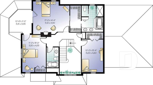 2nd level - Traditional house plan, 3 bedrooms, master suite with private terrace, home office, sunken living room - Bainbridge