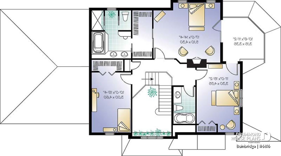 2nd level - Traditional house plan, 3 bedrooms, master suite with private terrace, home office, sunken living room - Bainbridge