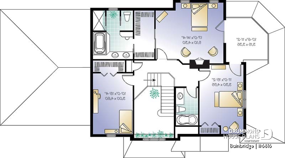 2nd level - Traditional house plan, 3 bedrooms, master suite with private terrace, home office, sunken living room - Bainbridge