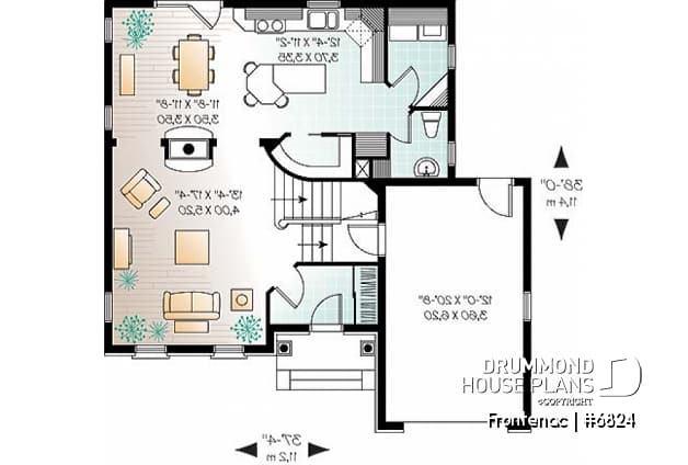 1st level - Traditional house plan with garage, great master suite with sitting area, fireplace, great gathering room - Frontenac