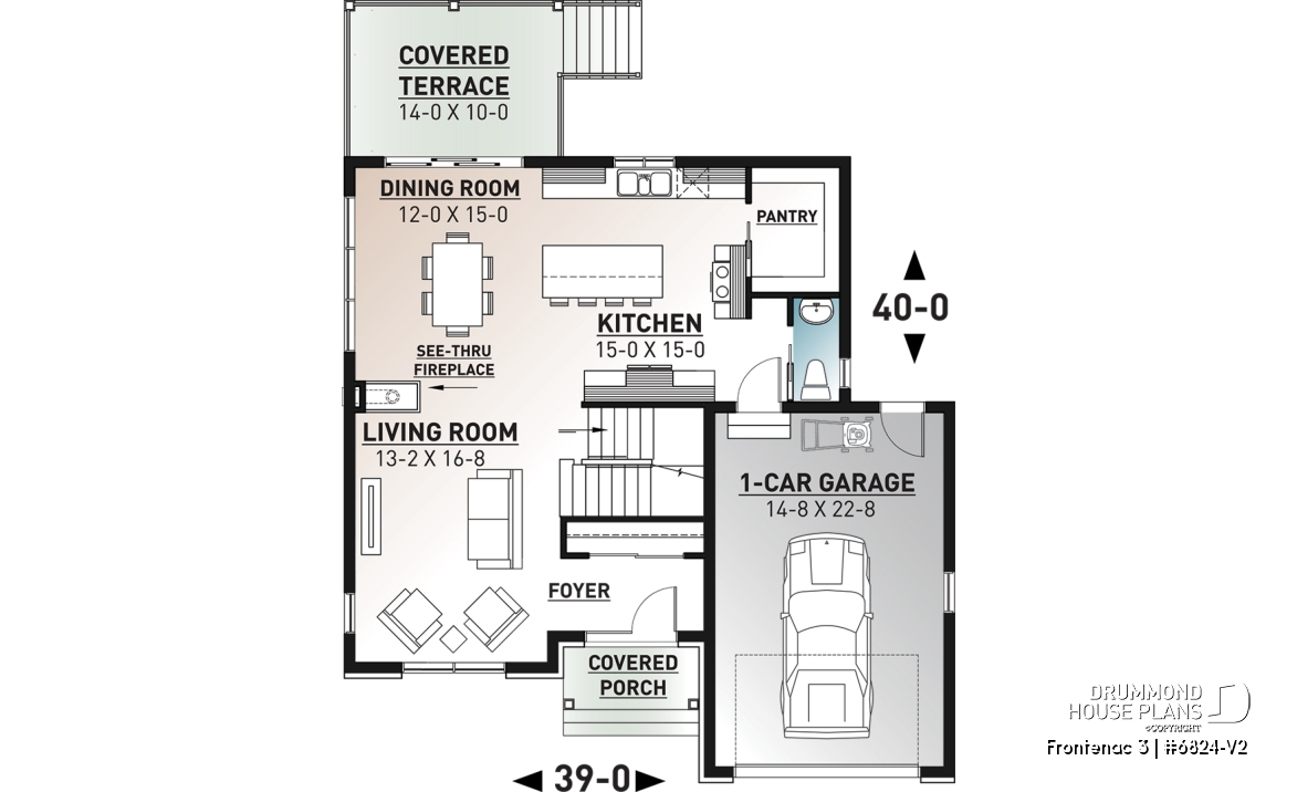 1st level - Northwest style house plan with garage, master suite, large kitchen with island &amp; pantry, 3 beds 2.5 baths - Frontenac 3