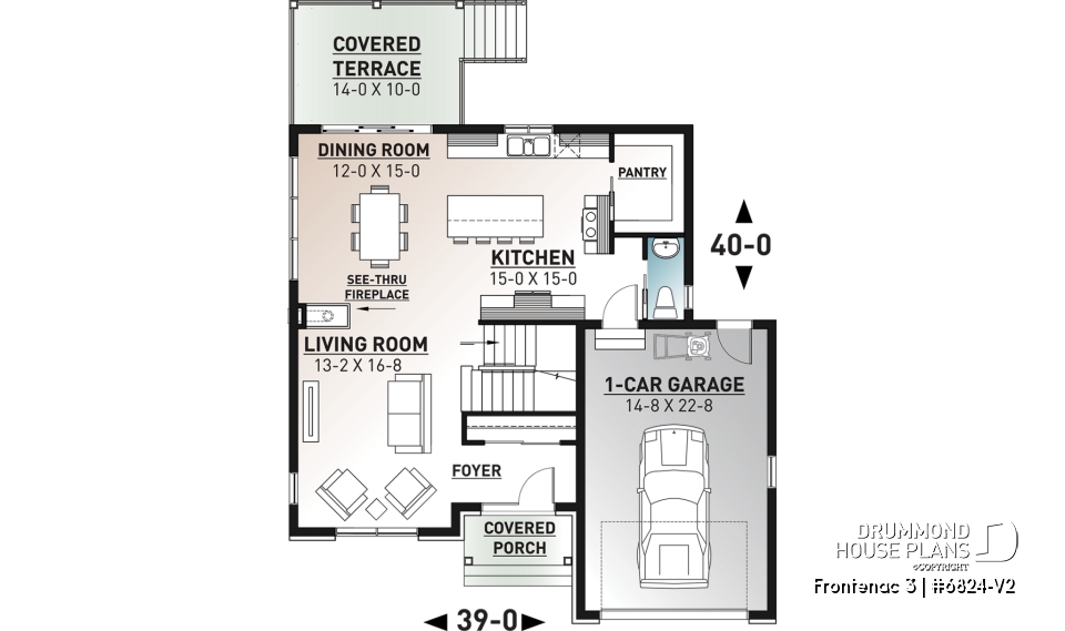 1st level - Northwest style house plan with garage, master suite, large kitchen with island &amp; pantry, 3 beds 2.5 baths - Frontenac 3