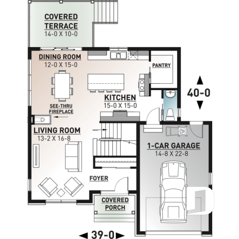 1st level - Northwest style house plan with garage, master suite, large kitchen with island & pantry, 3 beds 2.5 baths - Frontenac 3