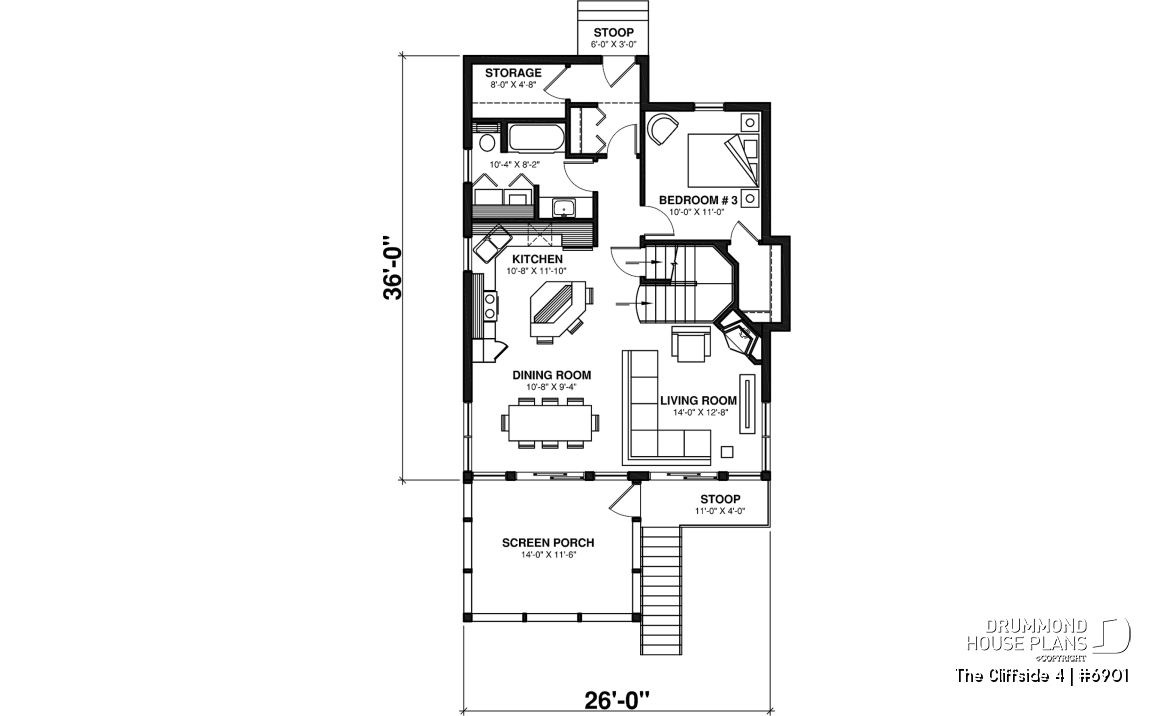1st level - 4-seasons chalet style house plan, 3 bedrooms, fireplace, screened-in deck and open floor plan - The Cliffside 4