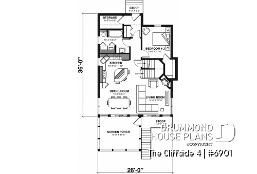 1st level - 4-seasons chalet style house plan, 3 bedrooms, fireplace, screened-in deck and open floor plan - The Cliffside 4