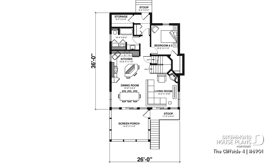 1st level - 4-seasons chalet style house plan, 3 bedrooms, fireplace, screened-in deck and open floor plan - The Cliffside 4