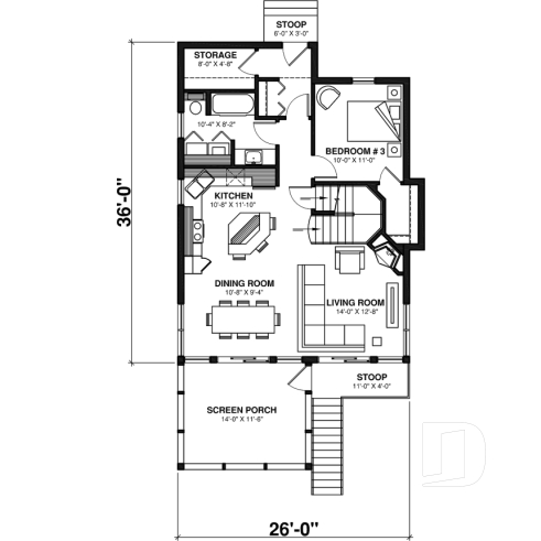 1st level - 4-seasons chalet style house plan, 3 bedrooms, fireplace, screened-in deck and open floor plan - The Cliffside 4