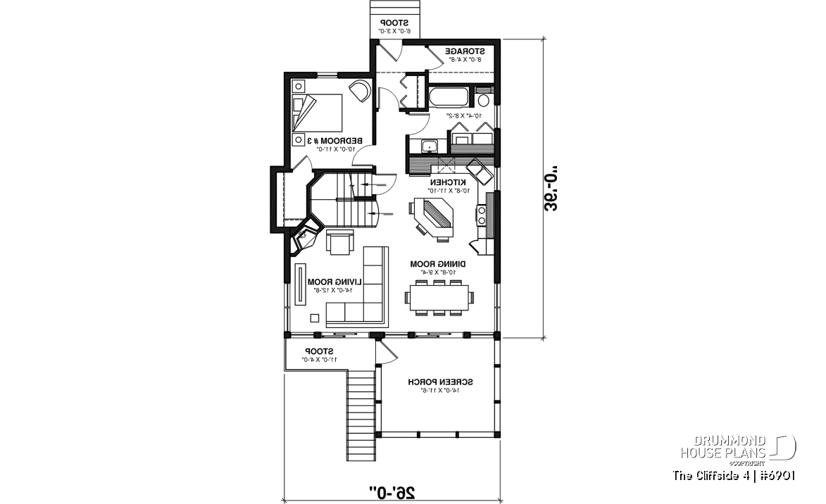 1st level - 4-seasons chalet style house plan, 3 bedrooms, fireplace, screened-in deck and open floor plan - The Cliffside 4