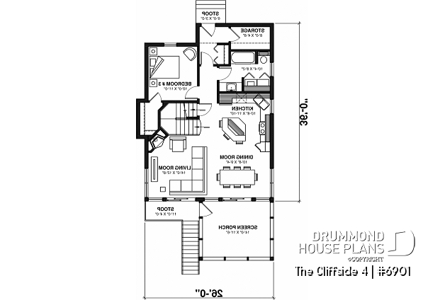 1st level - 4-seasons chalet style house plan, 3 bedrooms, fireplace, screened-in deck and open floor plan - The Cliffside 4