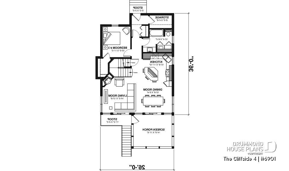 1st level - 4-seasons chalet style house plan, 3 bedrooms, fireplace, screened-in deck and open floor plan - The Cliffside 4