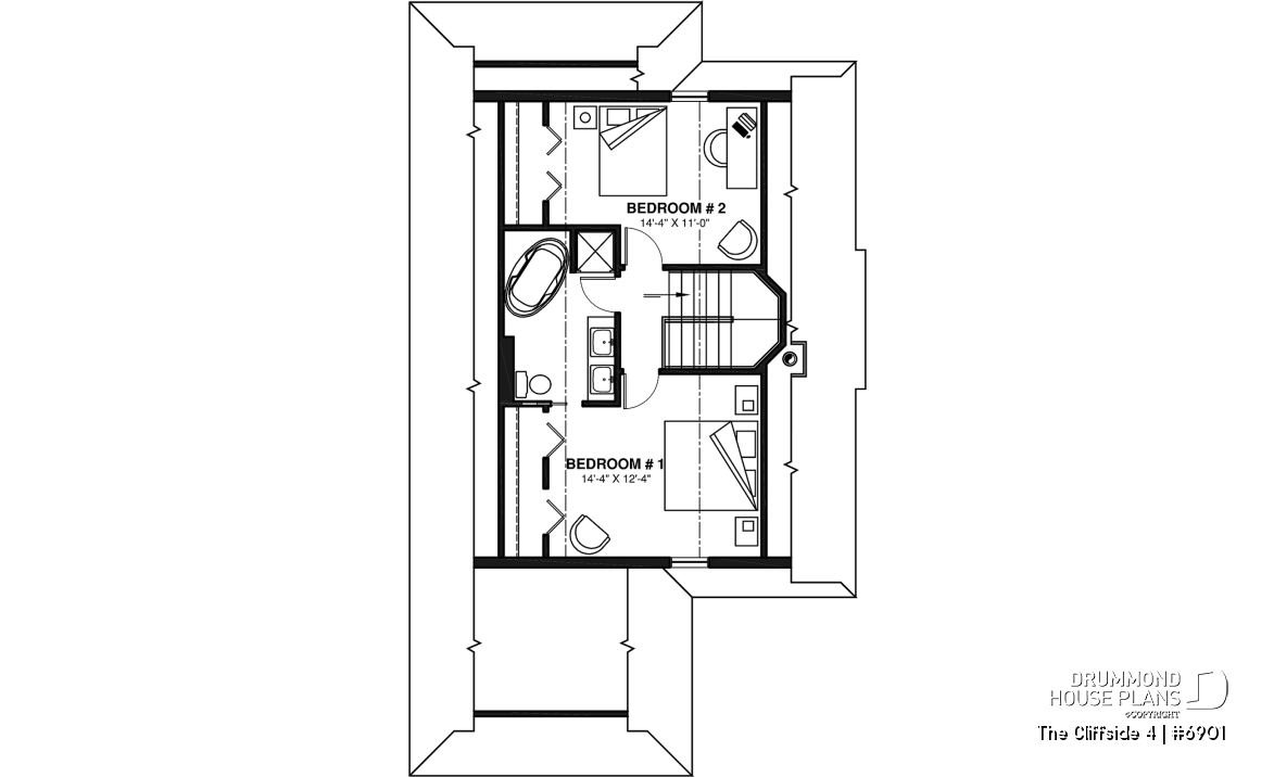 2nd level - 4-seasons chalet style house plan, 3 bedrooms, fireplace, screened-in deck and open floor plan - The Cliffside 4