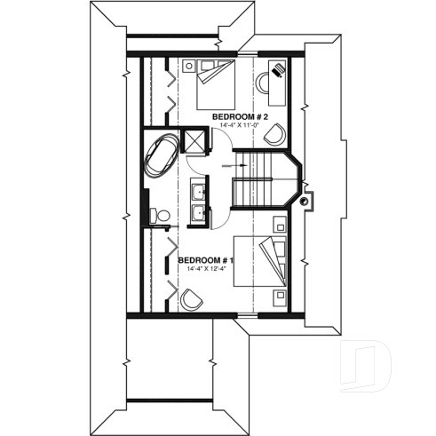 2nd level - 4-seasons chalet style house plan, 3 bedrooms, fireplace, screened-in deck and open floor plan - The Cliffside 4