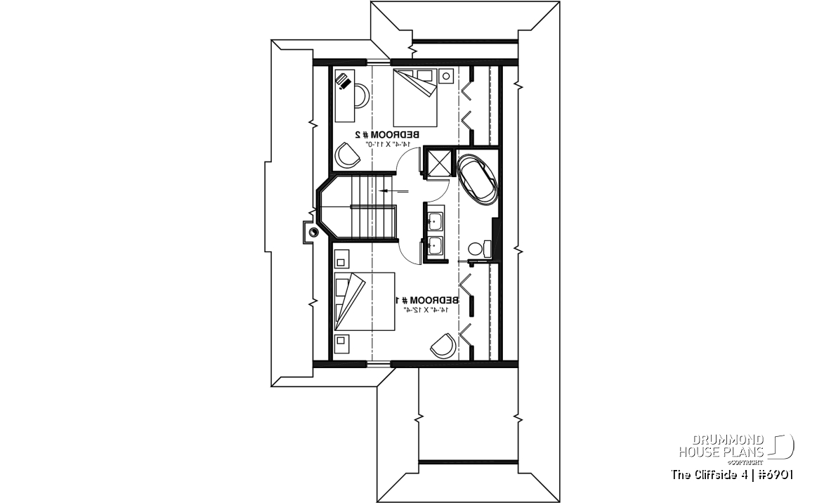 2nd level - 4-seasons chalet style house plan, 3 bedrooms, fireplace, screened-in deck and open floor plan - The Cliffside 4
