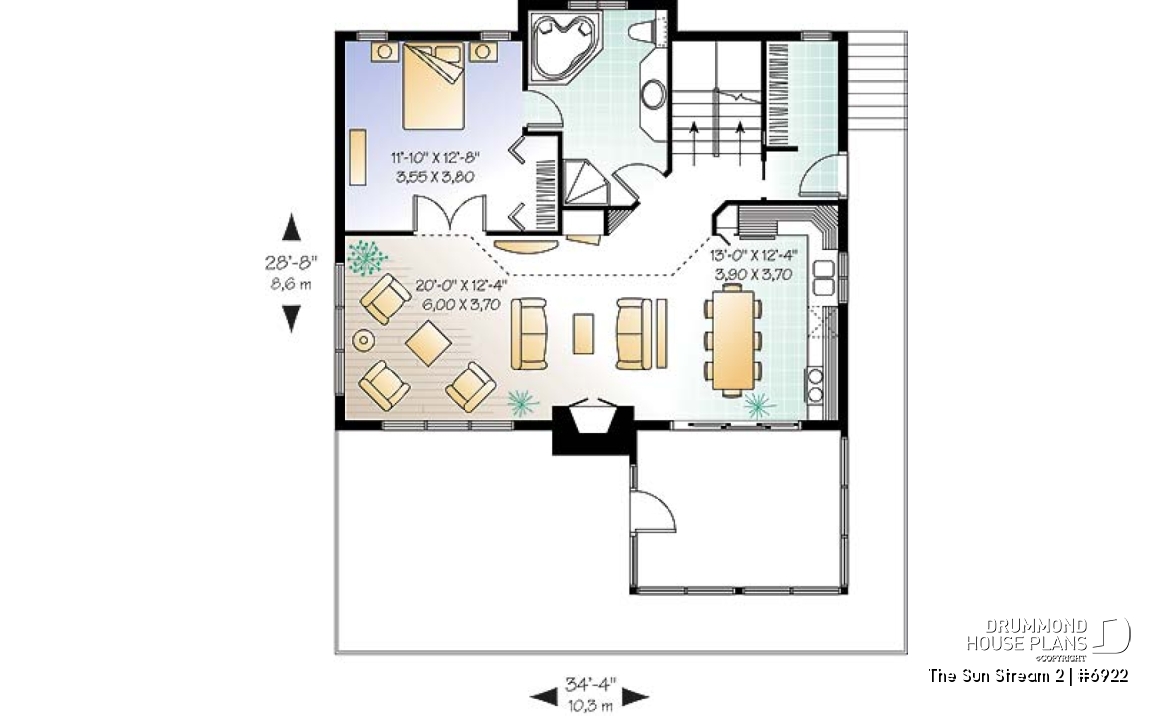 1st level - Rustic cottage plan, scandinavian style home, with open loft on mezzanine and 4 bedrooms - The Sun Stream 2