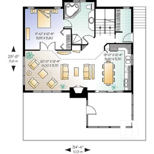 1st level - Rustic cottage plan, scandinavian style home, with open loft on mezzanine and 4 bedrooms - The Sun Stream 2