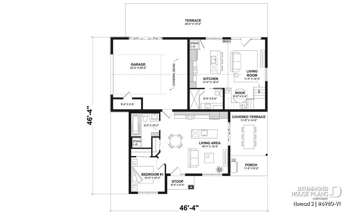 1st level option 1 - Ranch-style home plan with attached RV garage, and an option offering 2-bedroom, two-story accommodation - Nomad 2