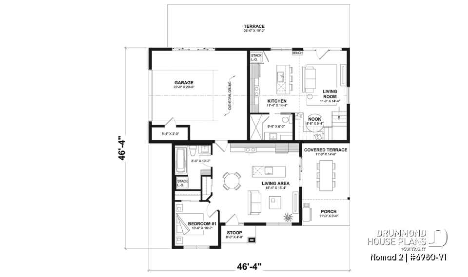 1st level option 1 - Ranch-style home plan with attached RV garage, and an option offering 2-bedroom, two-story accommodation - Nomad 2