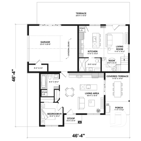 1st level option 1 - Ranch-style home plan with attached RV garage, and an option offering 2-bedroom, two-story accommodation - Nomad 2