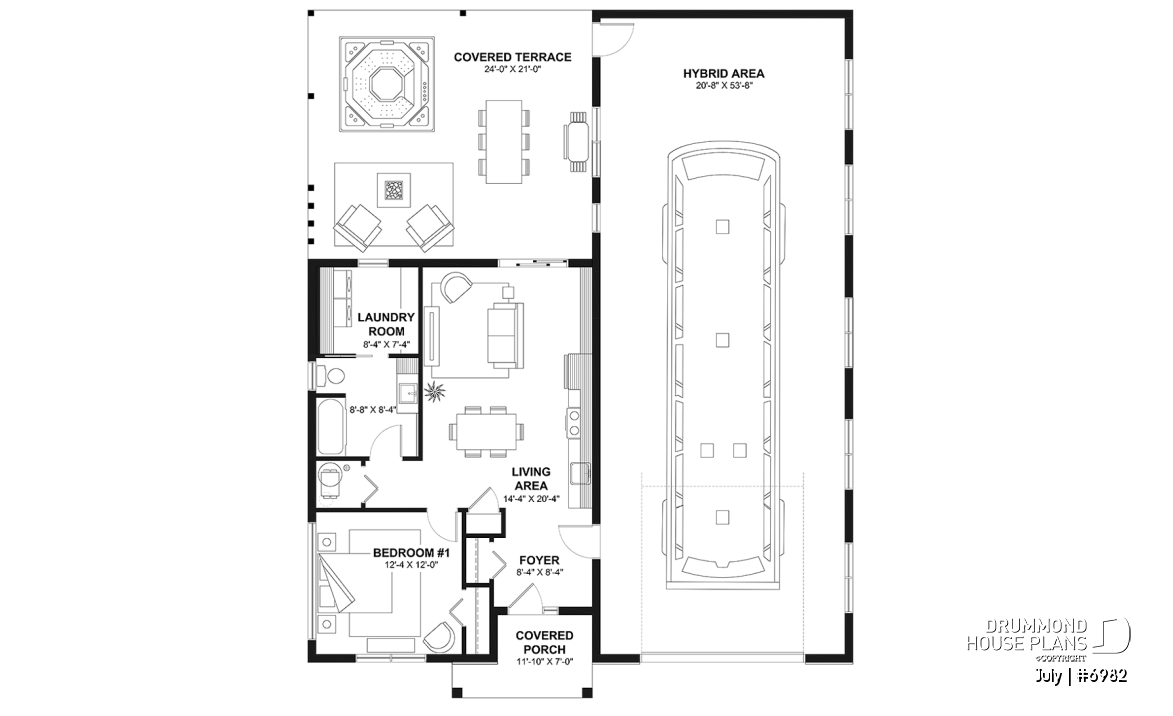 1st level - Small contemporary house w/ attached garage for RV, and one bedroom OR option without garage, with 3 bedrooms - July