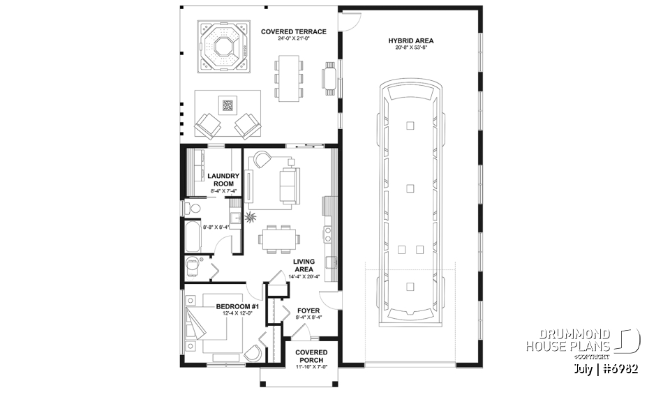 1st level - Small contemporary house w/ attached garage for RV, and one bedroom OR option without garage, with 3 bedrooms - July