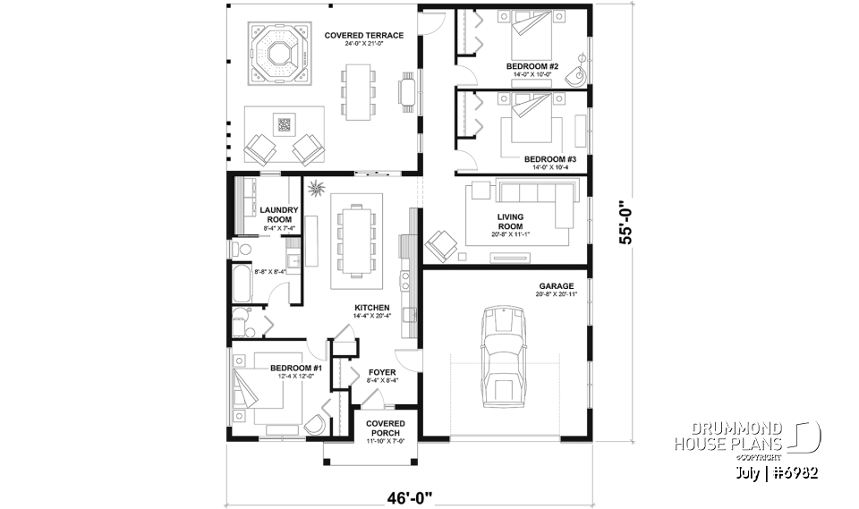 1st level option 1 - Small contemporary house w/ attached garage for RV, and one bedroom OR option without garage, with 3 bedrooms - July