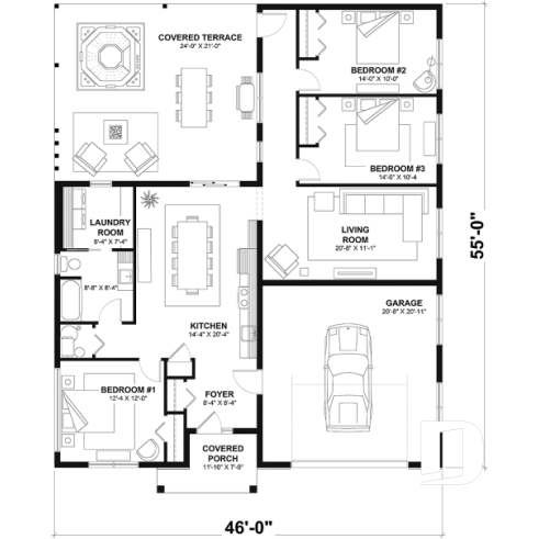 1st level option 1 - Small contemporary house w/ attached garage for RV, and one bedroom OR option without garage, with 3 bedrooms - July