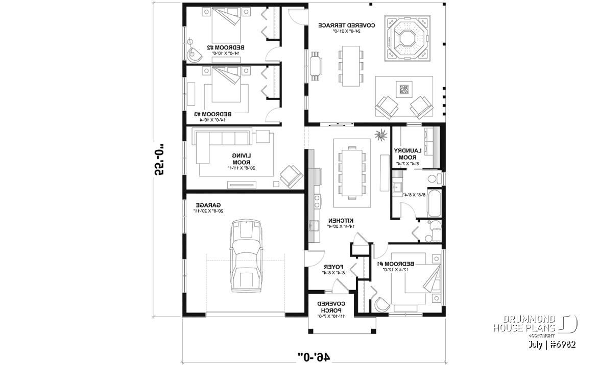 1st level option 1 - Small contemporary house w/ attached garage for RV, and one bedroom OR option without garage, with 3 bedrooms - July