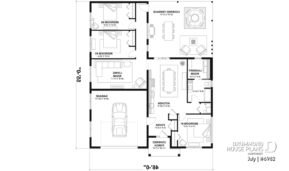 1st level option 1 - Small contemporary house w/ attached garage for RV, and one bedroom OR option without garage, with 3 bedrooms - July