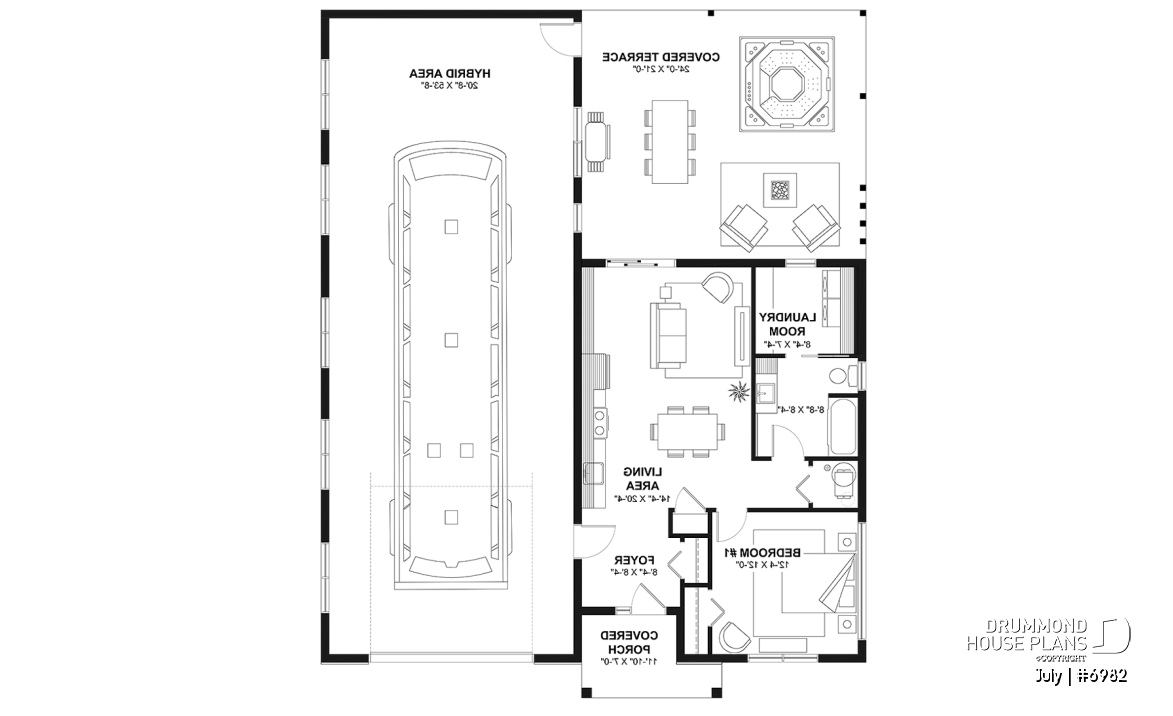 1st level - Small contemporary house w/ attached garage for RV, and one bedroom OR option without garage, with 3 bedrooms - July