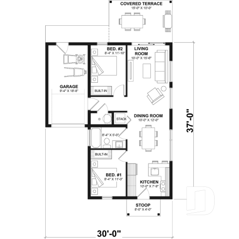 1st level option 1 - Small Modern house with 28'8'' x 18'8'' size VR garage and several floor layout options - Halte