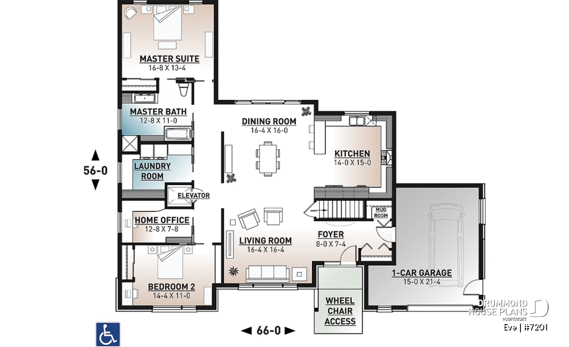 1st level - Wheelchair-accessible ranch home with elevator, integrated garage and barrier-free main floor design. - Eve