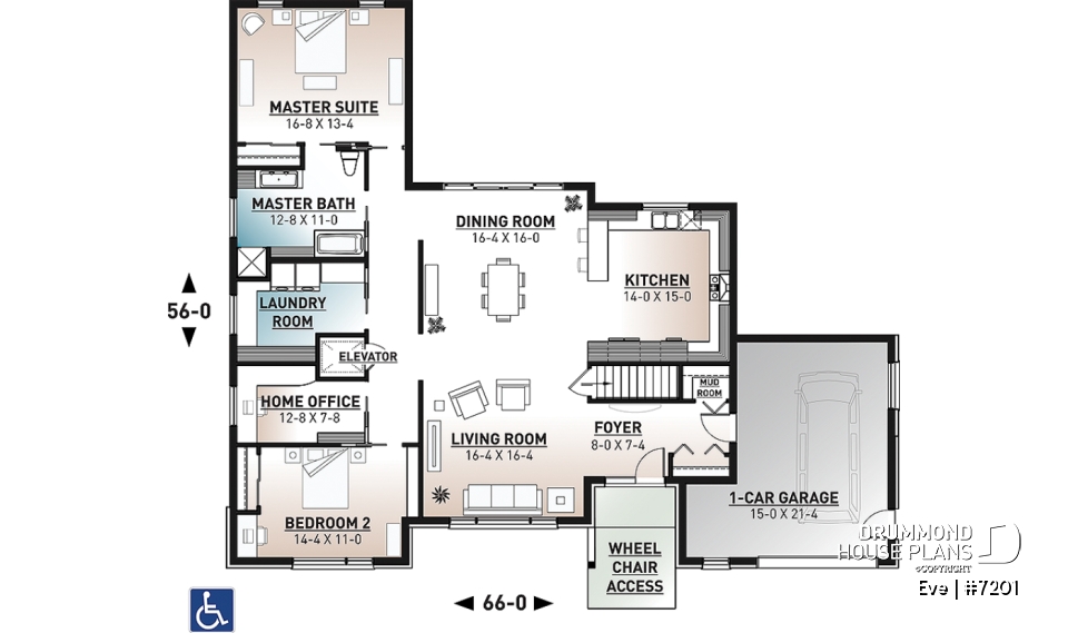 1st level - Wheelchair-accessible ranch home with elevator, integrated garage and barrier-free main floor design. - Eve