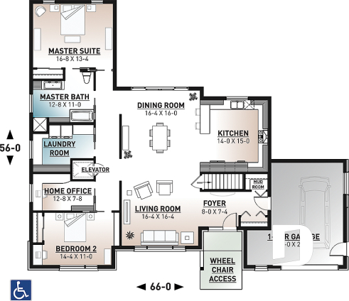 1st level - Wheelchair-accessible ranch home with elevator, integrated garage and barrier-free main floor design. - Eve