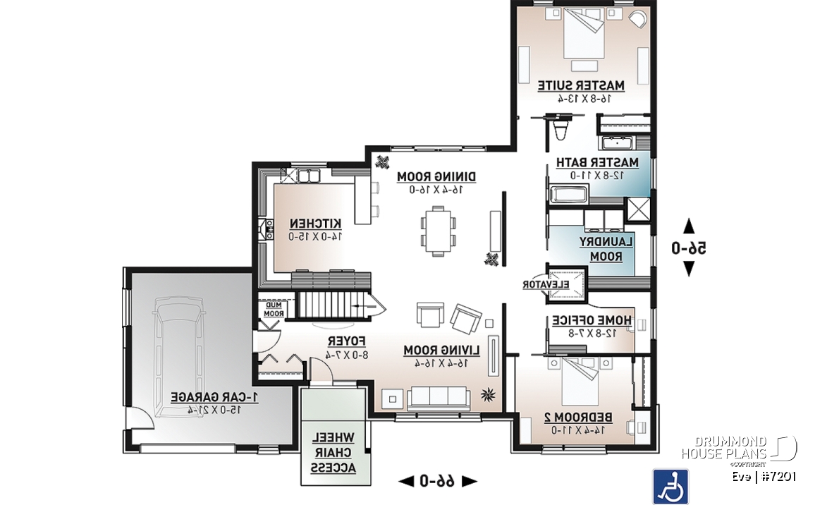 1st level - Wheelchair-accessible ranch home with elevator, integrated garage and barrier-free main floor design. - Eve