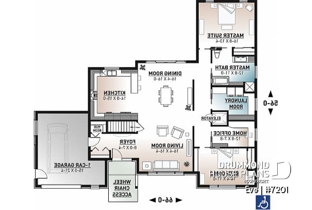 1st level - Modern ranch house plan with elevator, wheel chair accessible floor plan, 2 bedrooms, home office, garage - Eve