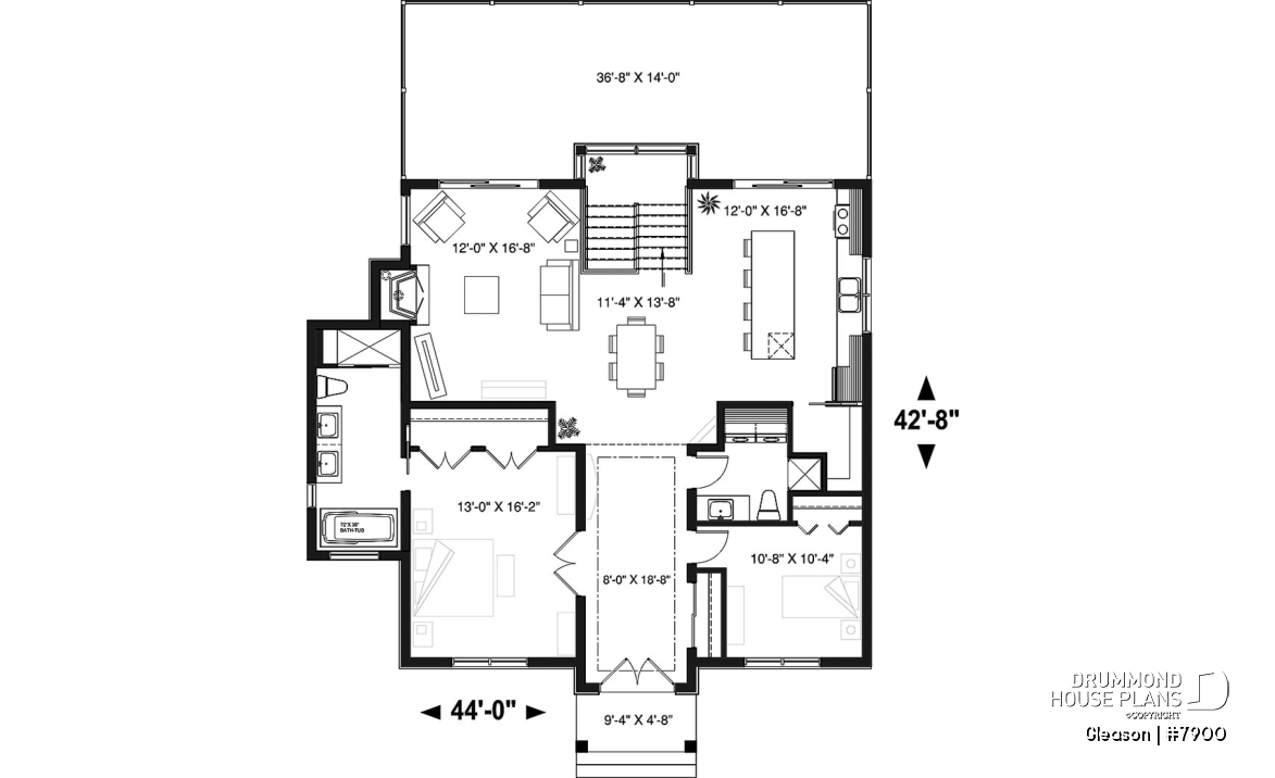 1st level - Modern Cottage house plan with finished walkout basement, 4 beds, 3 baths, large rear terrace, 2 fireplaces - Gleason