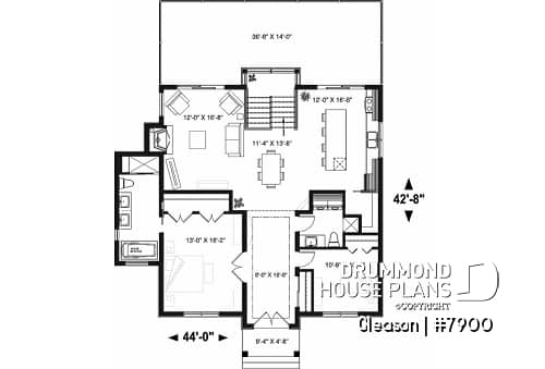 1st level - Modern Cottage house plan with finished walkout basement, 4 beds, 3 baths, large rear terrace, 2 fireplaces - Gleason