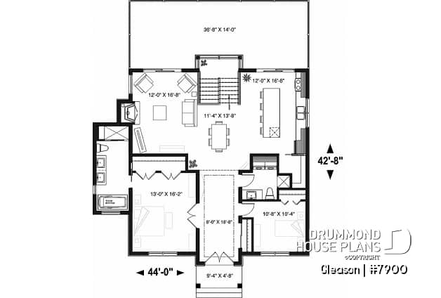 1st level - Modern Cottage house plan with finished walkout basement, 4 beds, 3 baths, large rear terrace, 2 fireplaces - Gleason