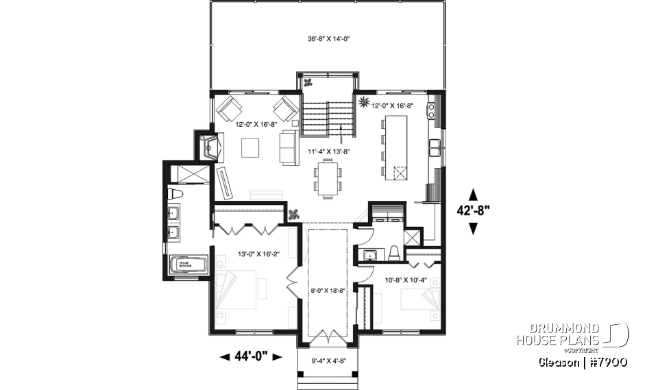 1st level - Modern Cottage house plan with finished walkout basement, 4 beds, 3 baths, large rear terrace, 2 fireplaces - Gleason