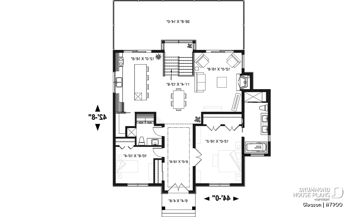 1st level - Modern Cottage house plan with finished walkout basement, 4 beds, 3 baths, large rear terrace, 2 fireplaces - Gleason
