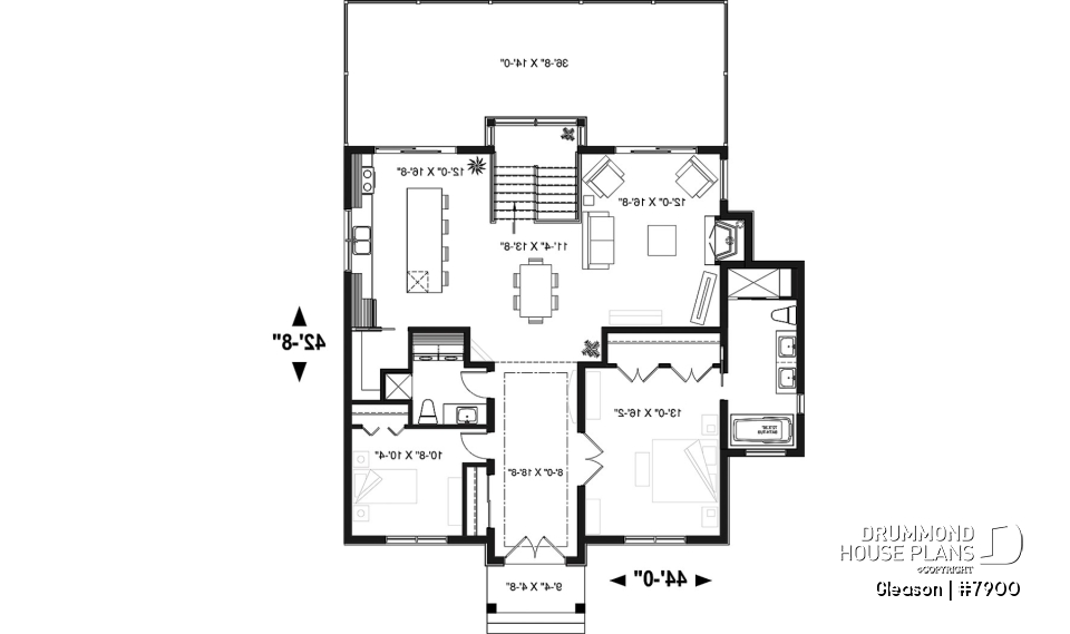 1st level - Modern Cottage house plan with finished walkout basement, 4 beds, 3 baths, large rear terrace, 2 fireplaces - Gleason