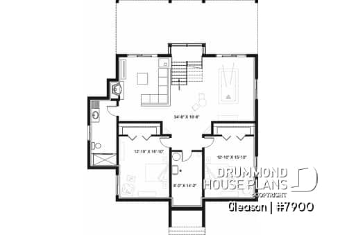 Basement - Modern Cottage house plan with finished walkout basement, 4 beds, 3 baths, large rear terrace, 2 fireplaces - Gleason
