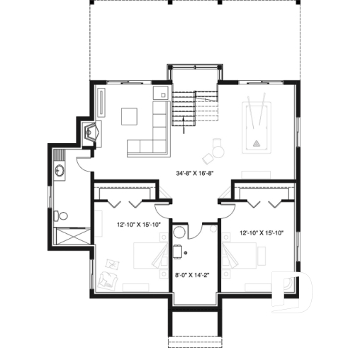 Basement - Modern Cottage house plan with finished walkout basement, 4 beds, 3 baths, large rear terrace, 2 fireplaces - Gleason