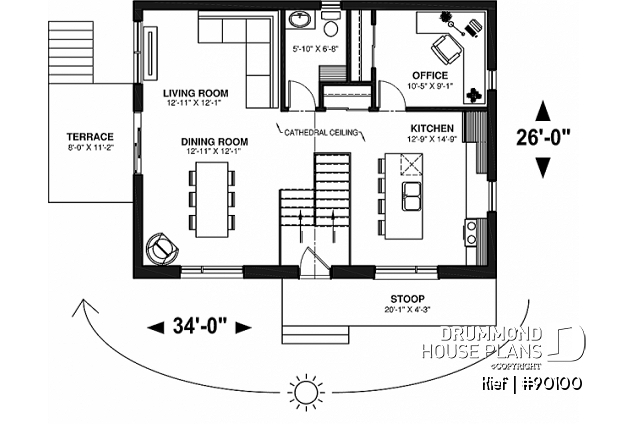 1st level - Ecological split-level house plan with 3 to 4 bedrooms, home office and cathedral ceiling. - Kief